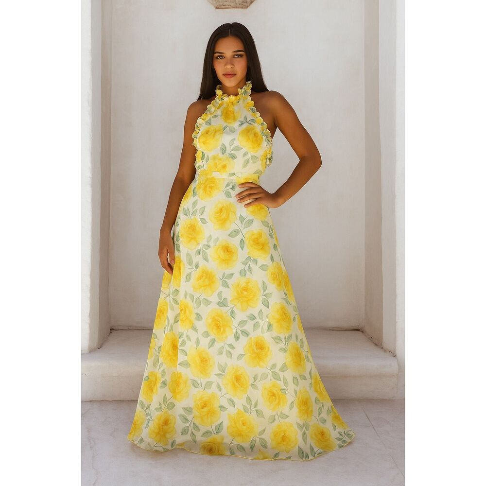 Sonya Moda Ajloon Vintage Maxi Dress in Yellow Wedding Guest Summer size S NWT